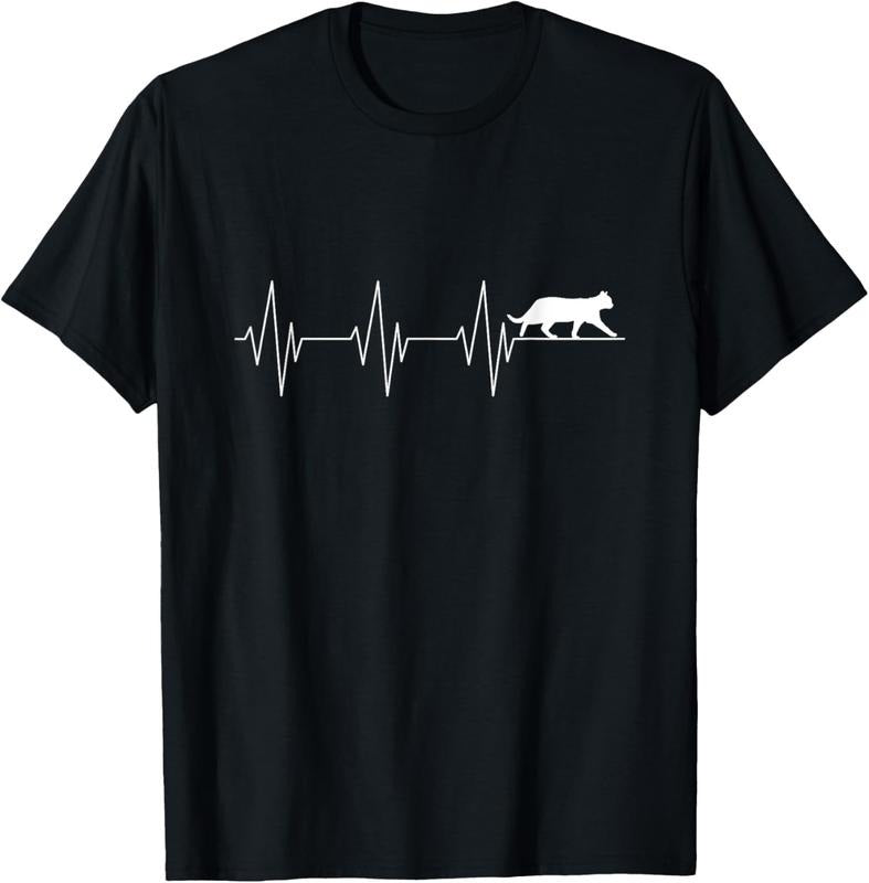Authentic 100 Cotton Black Cat Walking Heartbeat Line Tee
