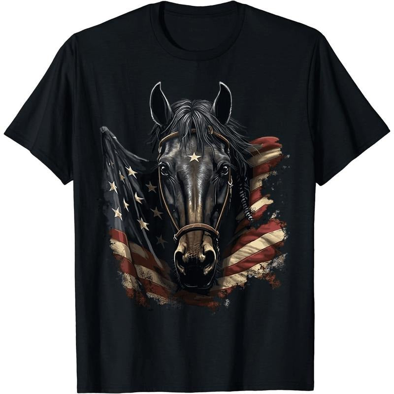 Authentic 100 Cotton Black Horse Head American Flag Patriotic Tank