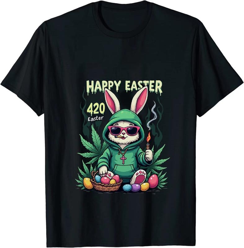 Authentic 100 Cotton Bohemian Flair Happy Easter 420 Bunny T Green